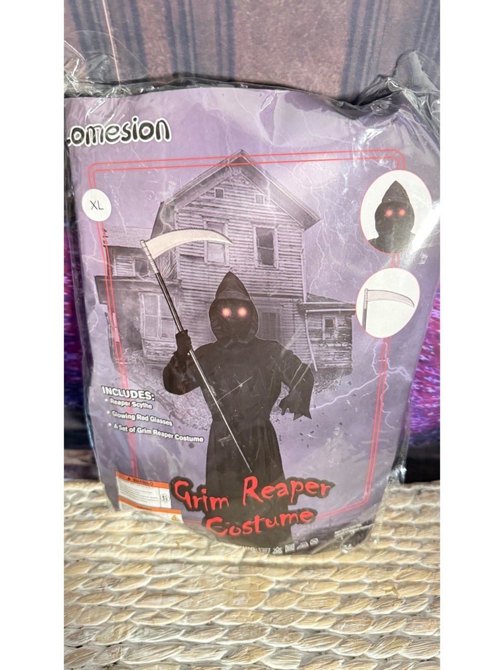 XL(14) Grim Reaper Costume with Reaper Scythe, Glowing Red Glasses, and Gloves